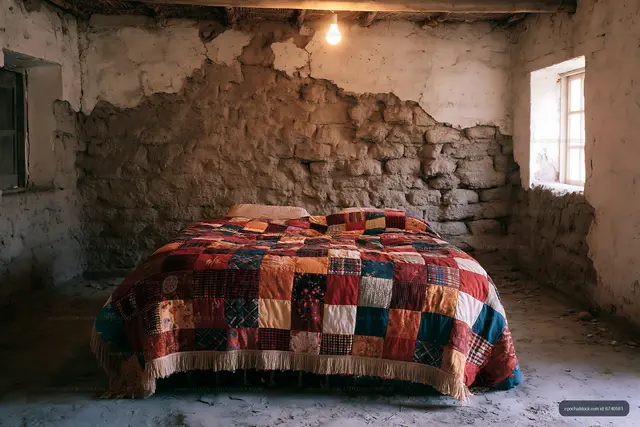 Cozy bedroom with patchwork quilt in rustic interior