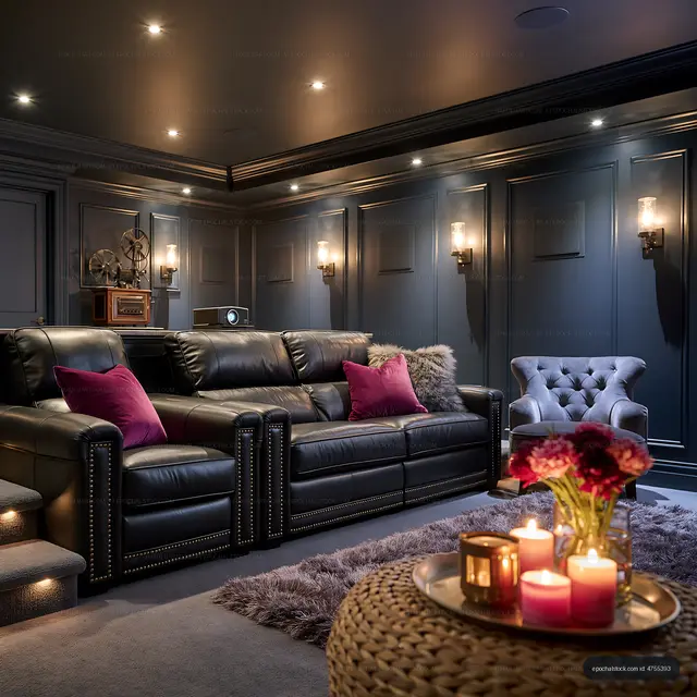 Cozy home theater with black leather sofas and soft lighting