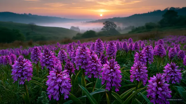 Colorful flowers bloom at sunrise in a misty valley