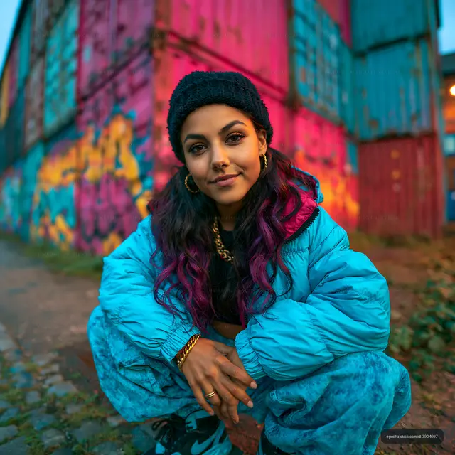 Young woman squatting near colorful shipping containers in urban area