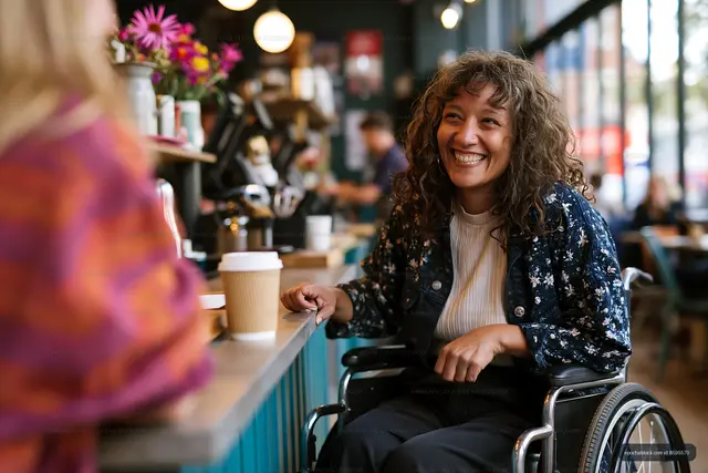 Woman in wheelchair smiling at cafe during daytime