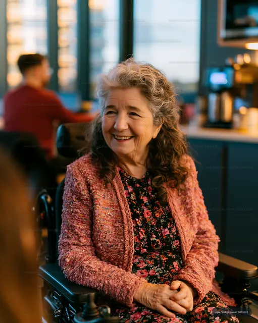 Elderly woman smiling in a cafe during an afternoon gathering