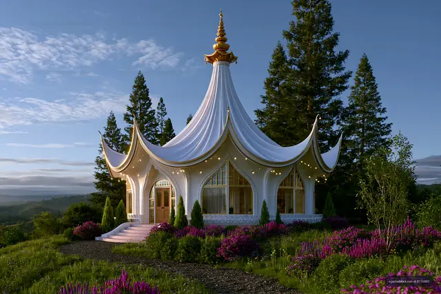 Unique white architectural structure surrounded by trees and flowers