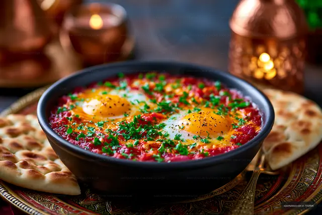 Breakfast bowl with eggs, herbs and naan bread on a table