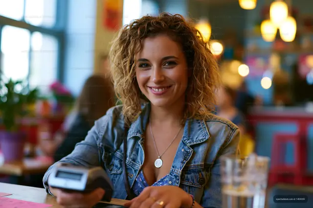 Smiling woman sitting at cafe with a drink in her hand