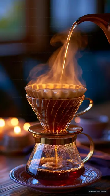 Brewing coffee in a glass dripper with steam rising
