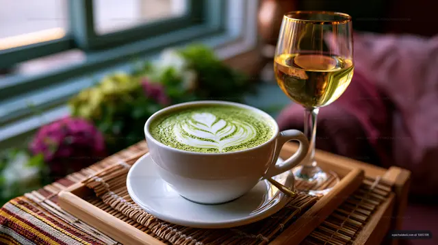 Matcha drink with leaf design next to a glass of white wine