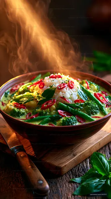Delicious green curry with rice and fresh vegetables
