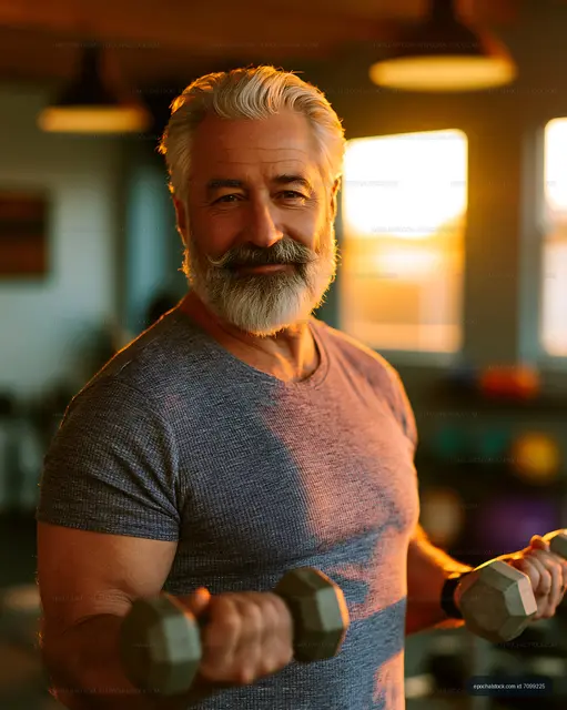 Senior man lifting weights in a gym during sunset