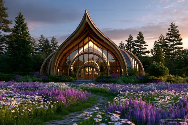 Flower garden with modern building during sunset