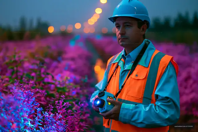 Worker with camera in flower field at dusk