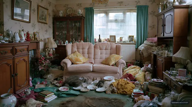 Cluttered living room with debris and old furniture