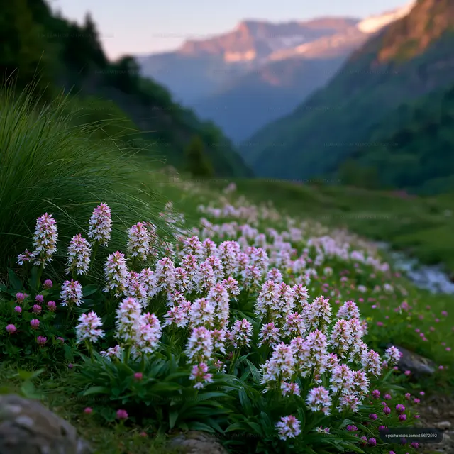 Mountain landscape with flowers in bloom during sunset