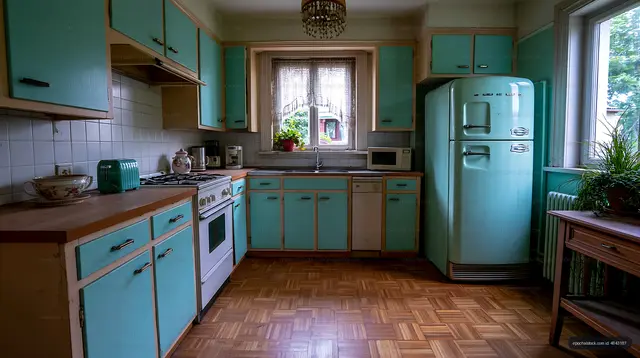 Vintage kitchen with blue cabinets and retro appliances