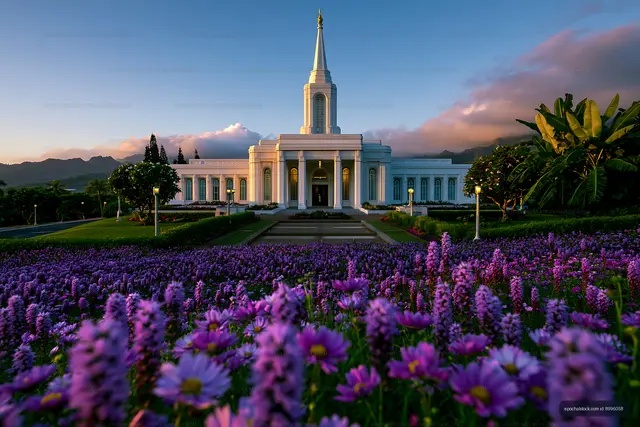 Colorful flowers in front of a temple at sunset with mountains