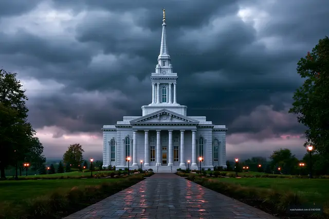 Dark clouds over a large white building with a tall steeple