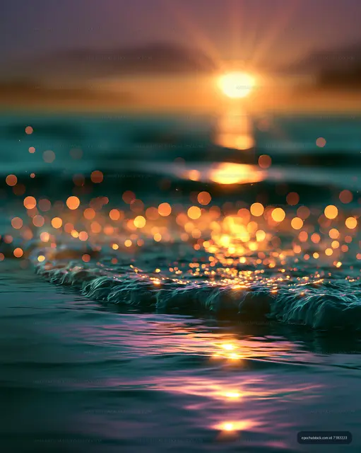 Sunset over water with sparkling waves and blurry reflections