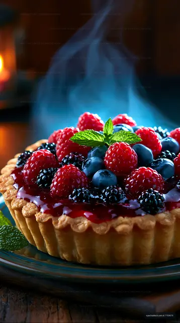 Fresh berry tart with steam on a wooden table