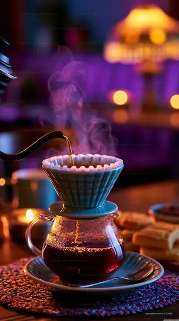Brewing coffee in cozy indoor setting with warm lights