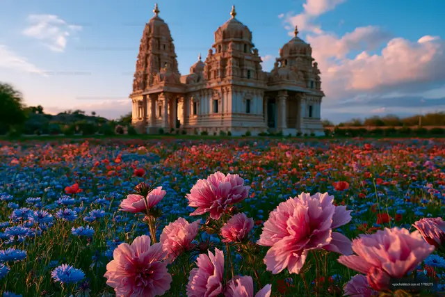 Colorful flowers surround a temple at sunset in India