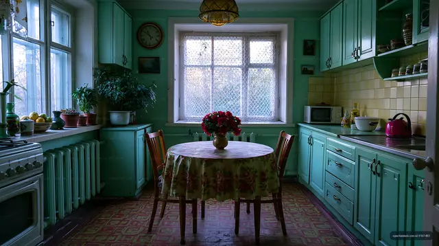 Cozy kitchen with green cabinets and a round table