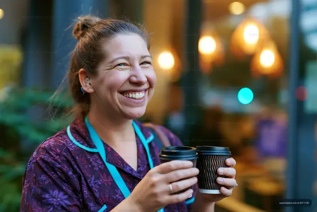 Smiling woman holding two coffee cups outside a cafe