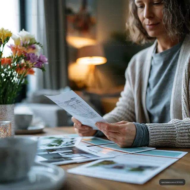 Woman reviewing documents at home with flowers on the table