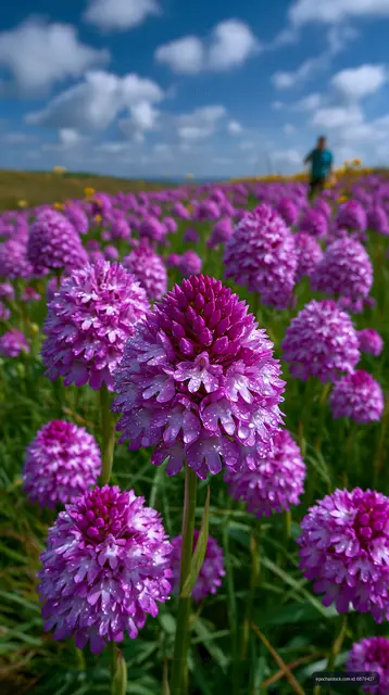 Vibrant purple flowers bloom in a sunny field on a clear day