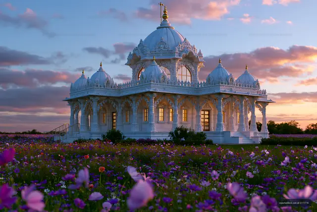 Beautiful white temple surrounded by colorful flowers at sunset
