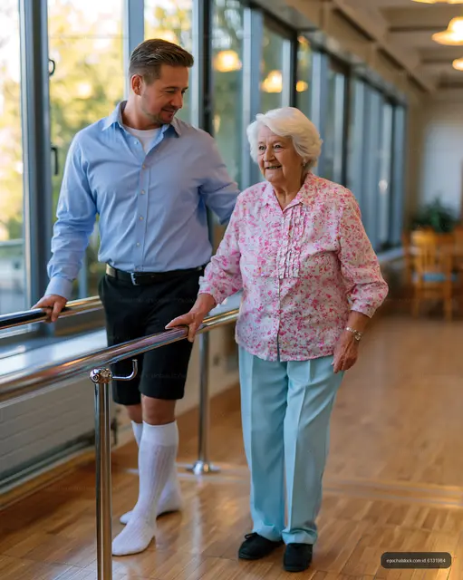Senior woman practicing walking with support in rehabilitation center