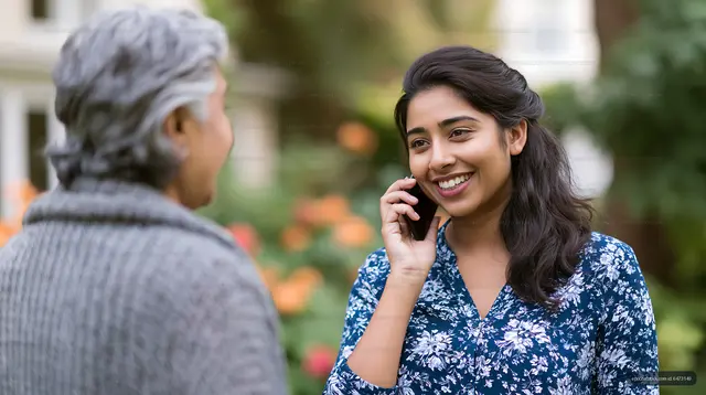 Woman talking on phone with older man in garden