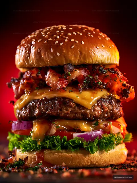 Juicy hamburger with lettuce, cheese, and bacon on sesame bun