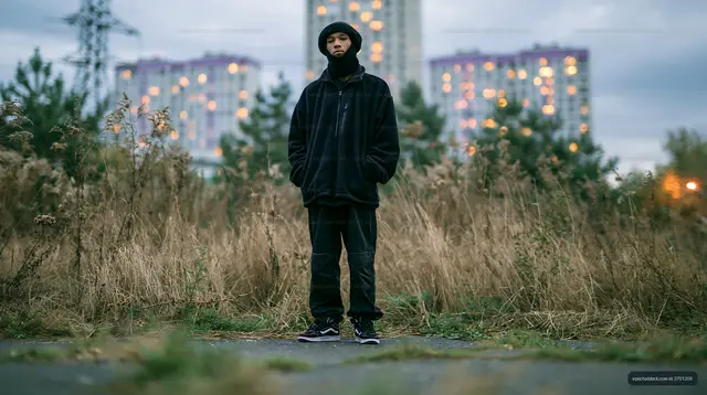 Person standing in field near urban buildings at dusk