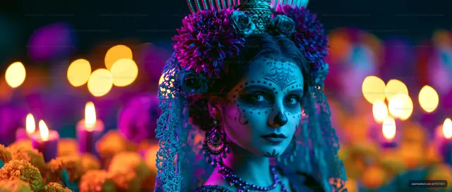 Woman in traditional dress celebrating Day of the Dead