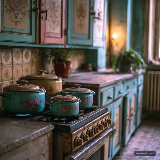 Old kitchen with colorful pots on stove in rustic setting