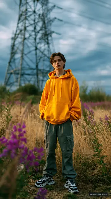 Young person in yellow hoodie standing in field with flowers