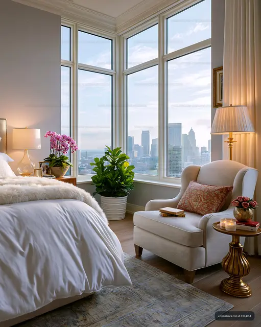 Modern bedroom with city view during daytime
