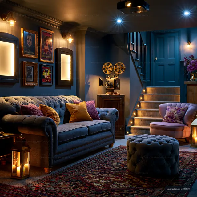 Cozy living room with vintage decor and warm lighting