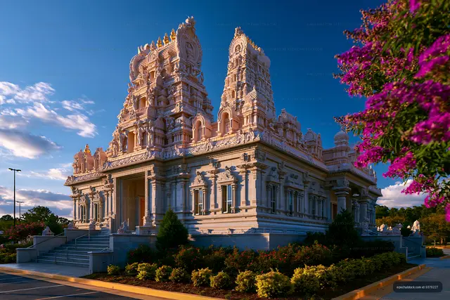 Indian temple with intricate architecture during sunset