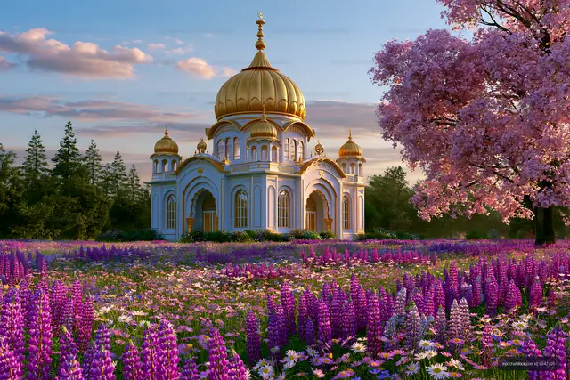 Golden domed building surrounded by flowers in a garden
