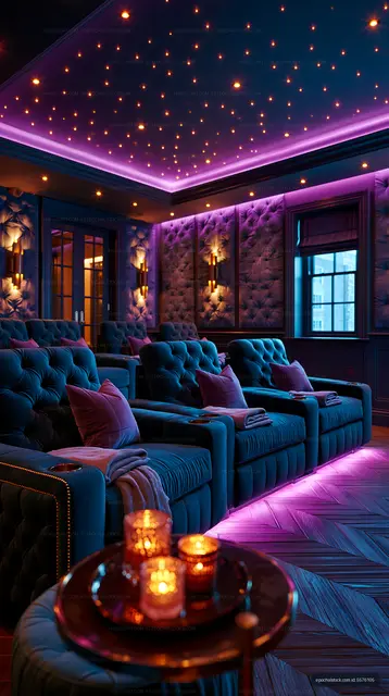 Cozy home theater with plush seating and colorful lighting