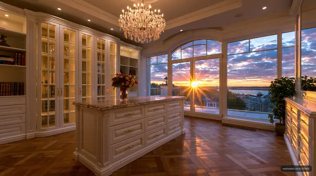 Elegant interior with sunset view through large windows