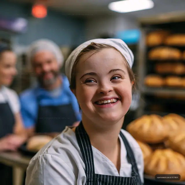 Baker smiling in a busy bakery with fresh bread in the background