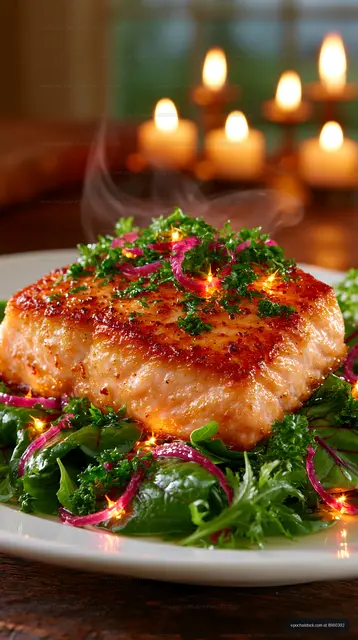 Grilled salmon fillet served on a bed of leafy greens