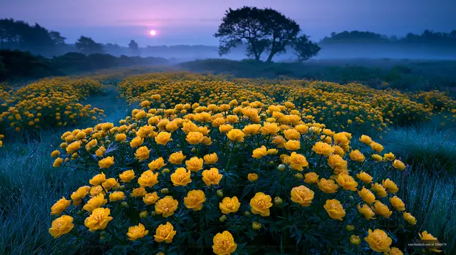 Yellow flowers bloom in a field at sunrise in a misty landscape
