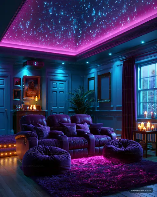 Cozy living room with purple lighting and starry ceiling display