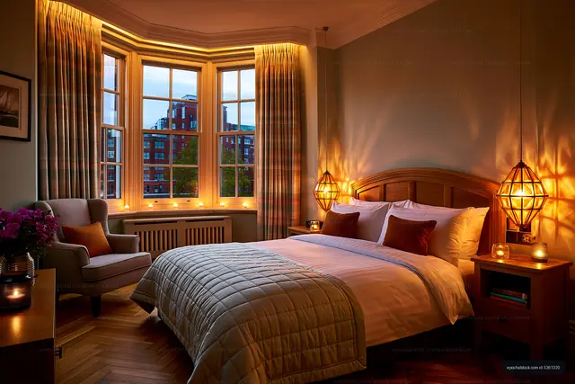 Cozy bedroom with warm lighting and large windows at dusk