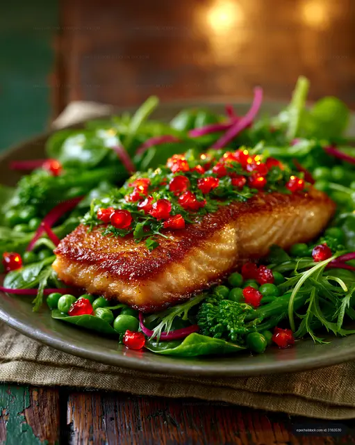 Salmon filet on a bed of fresh greens with pomegranate seeds