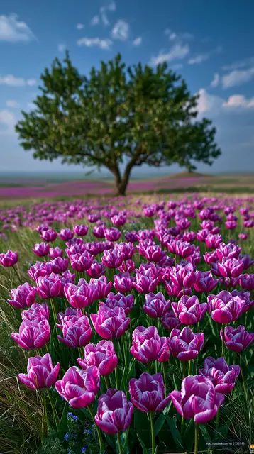 Colorful tulip field with a tree under blue skies
