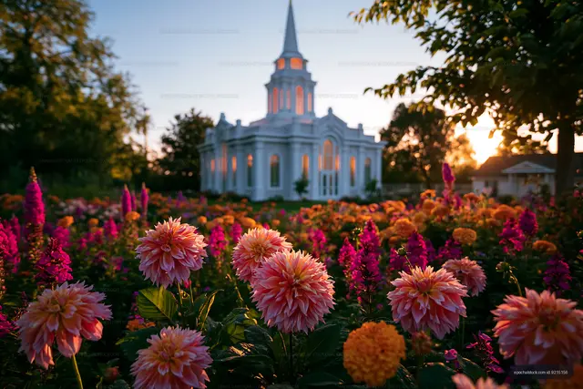 Flower garden in front of white church building during sunset